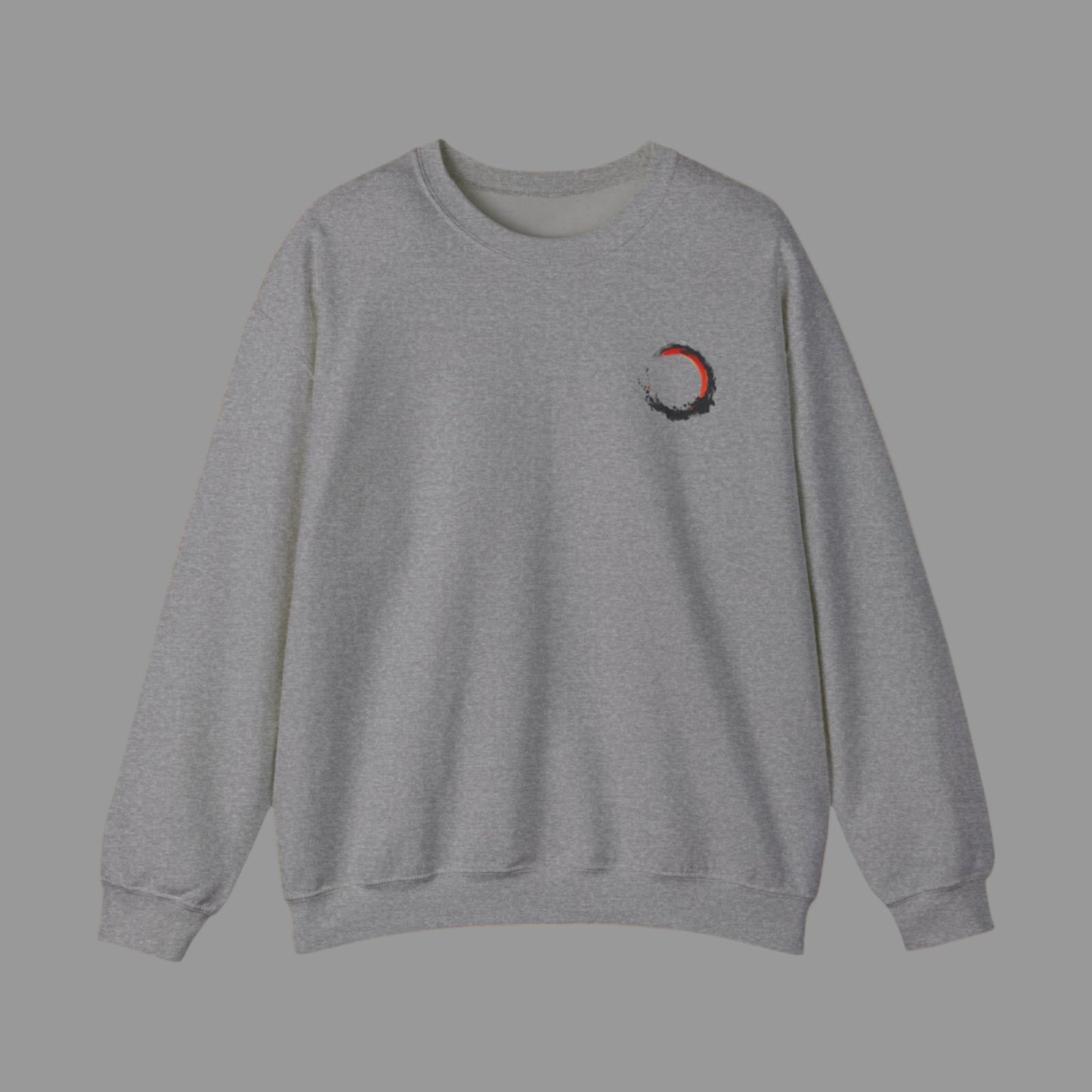 Gray sweatshirt with a small red and black design on a white background