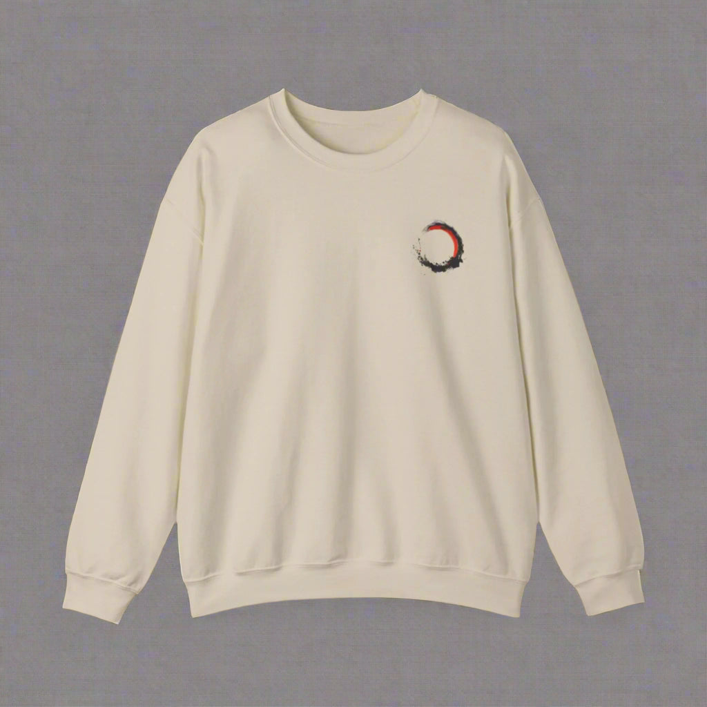 Beige sweatshirt with a small graphic on the chest against a white background