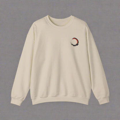 Beige sweatshirt with a small graphic on the chest against a white background