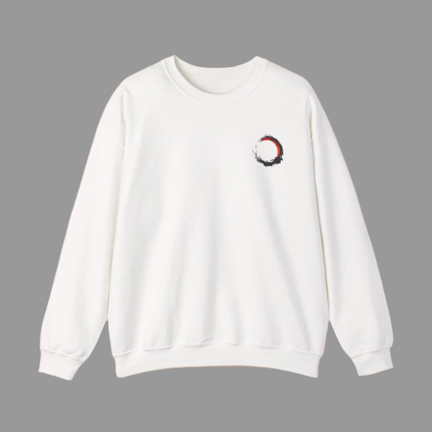 White sweatshirt with a small graphic on the chest against a white background