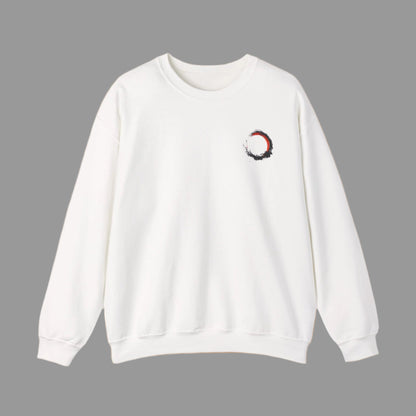 White sweatshirt with a small graphic on the chest against a white background