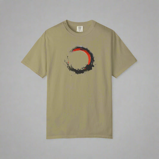 Beige t-shirt with a black and red circular design on a white background