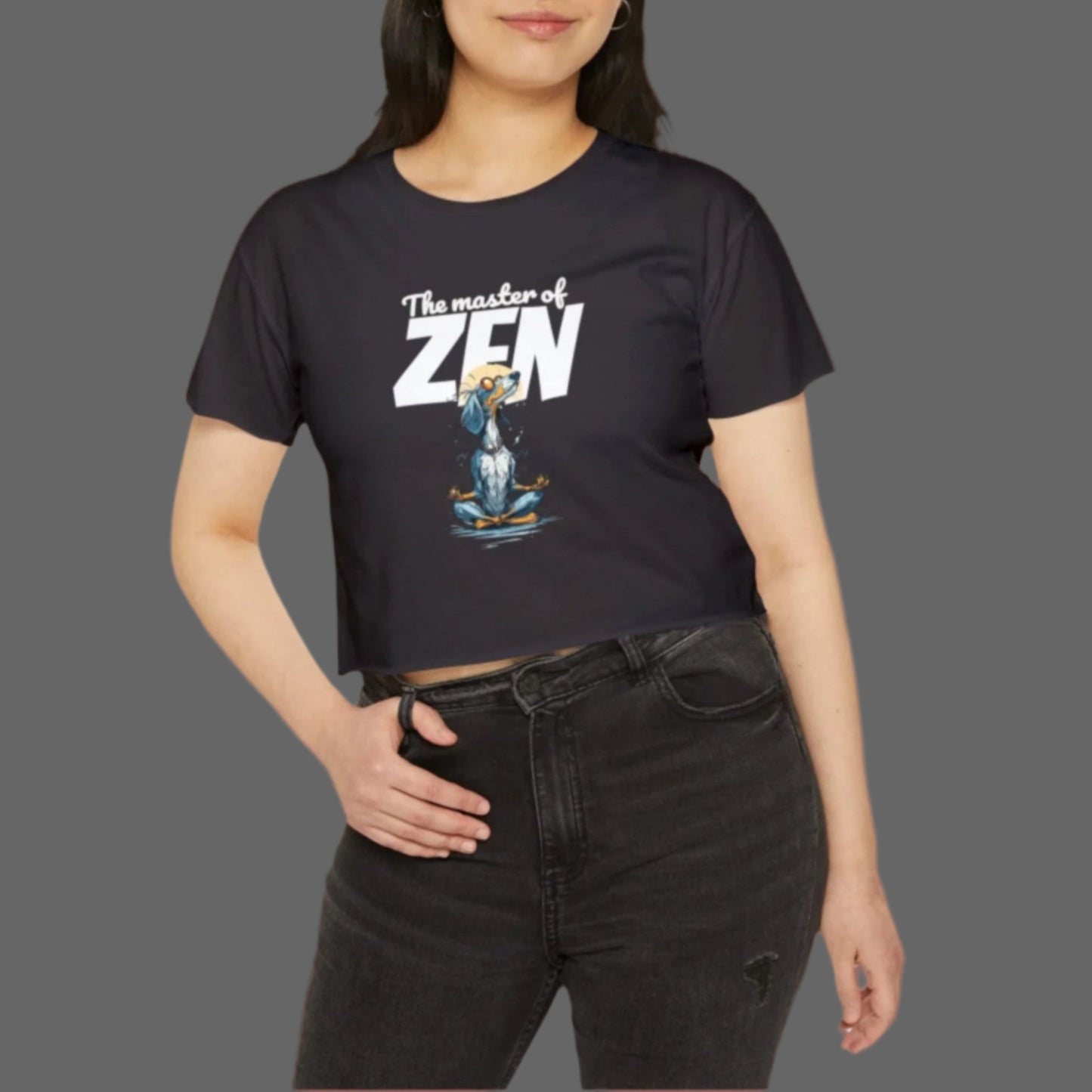 Woman wearing a black t-shirt with a graphic design and text on a white background