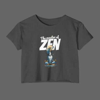 Dark gray t-shirt with a cartoon duck in a meditative pose and 'The master of Zen' text on a white background.
