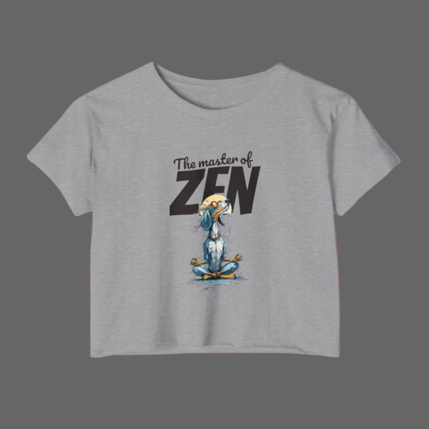 Gray t-shirt with a cartoon character meditating and 'The master of ZEN' text on a white background