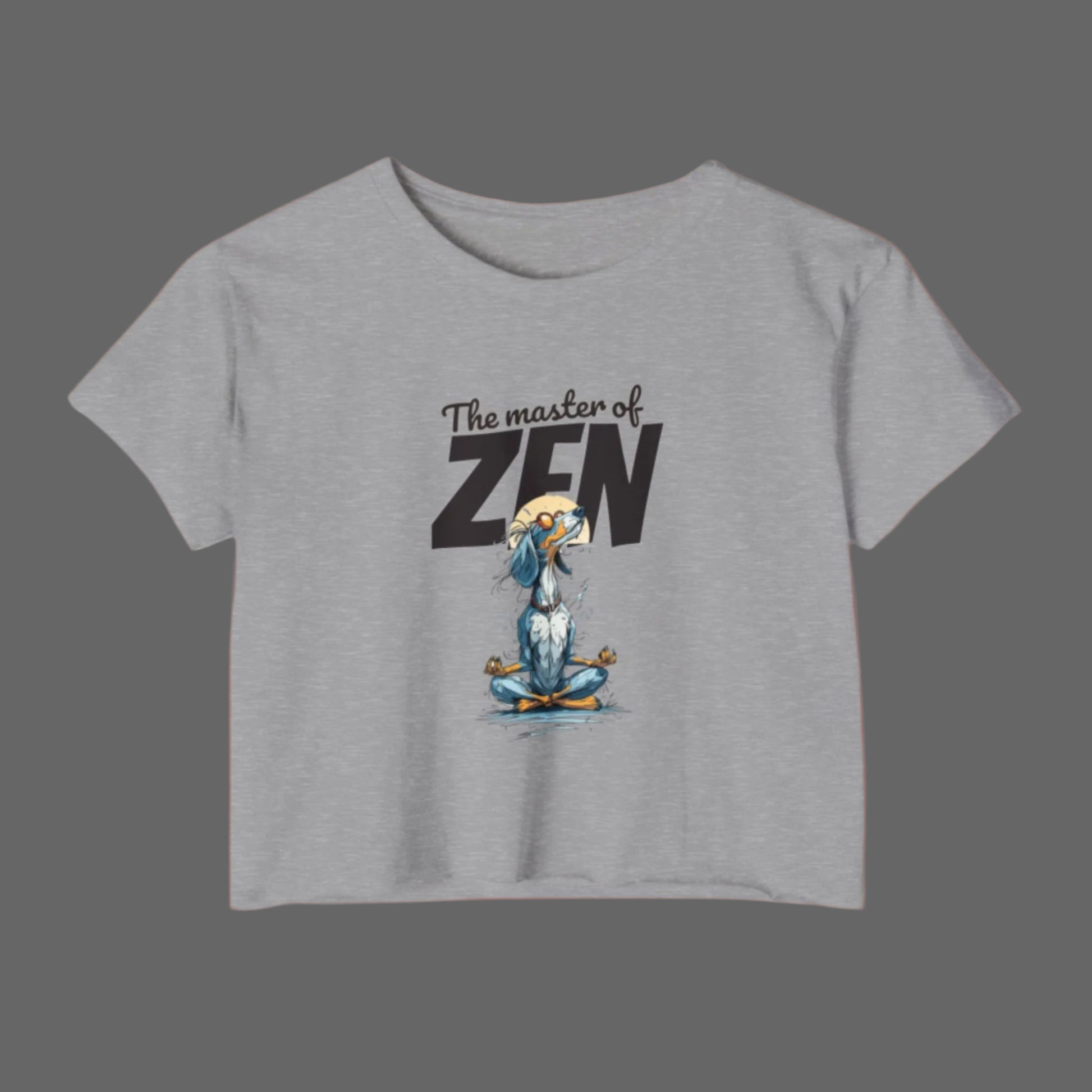Gray t-shirt with a cartoon character meditating and 'The master of ZEN' text on a white background