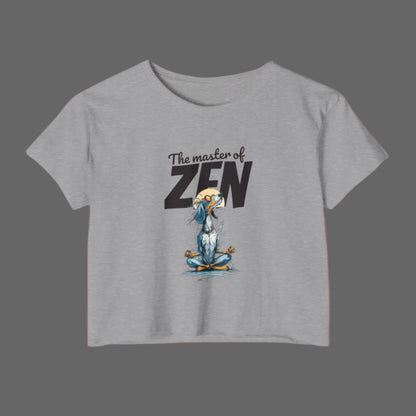 Gray t-shirt with a cartoon character meditating and 'The master of ZEN' text on a white background