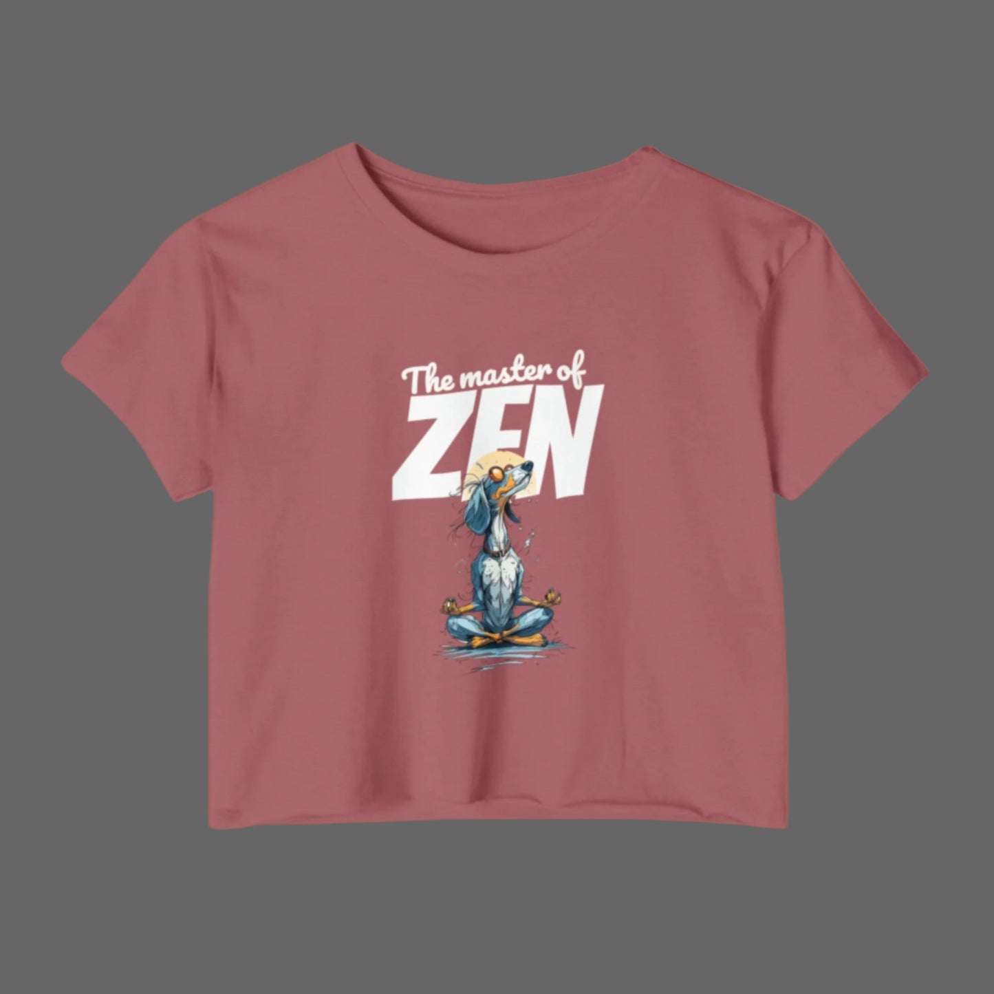 Maroon t-shirt with a cartoon character in a meditative pose and 'The master of ZEN' text on a white background.