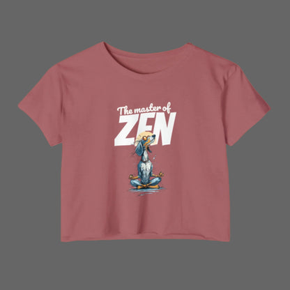 Maroon t-shirt with a cartoon character in a meditative pose and 'The master of ZEN' text on a white background.