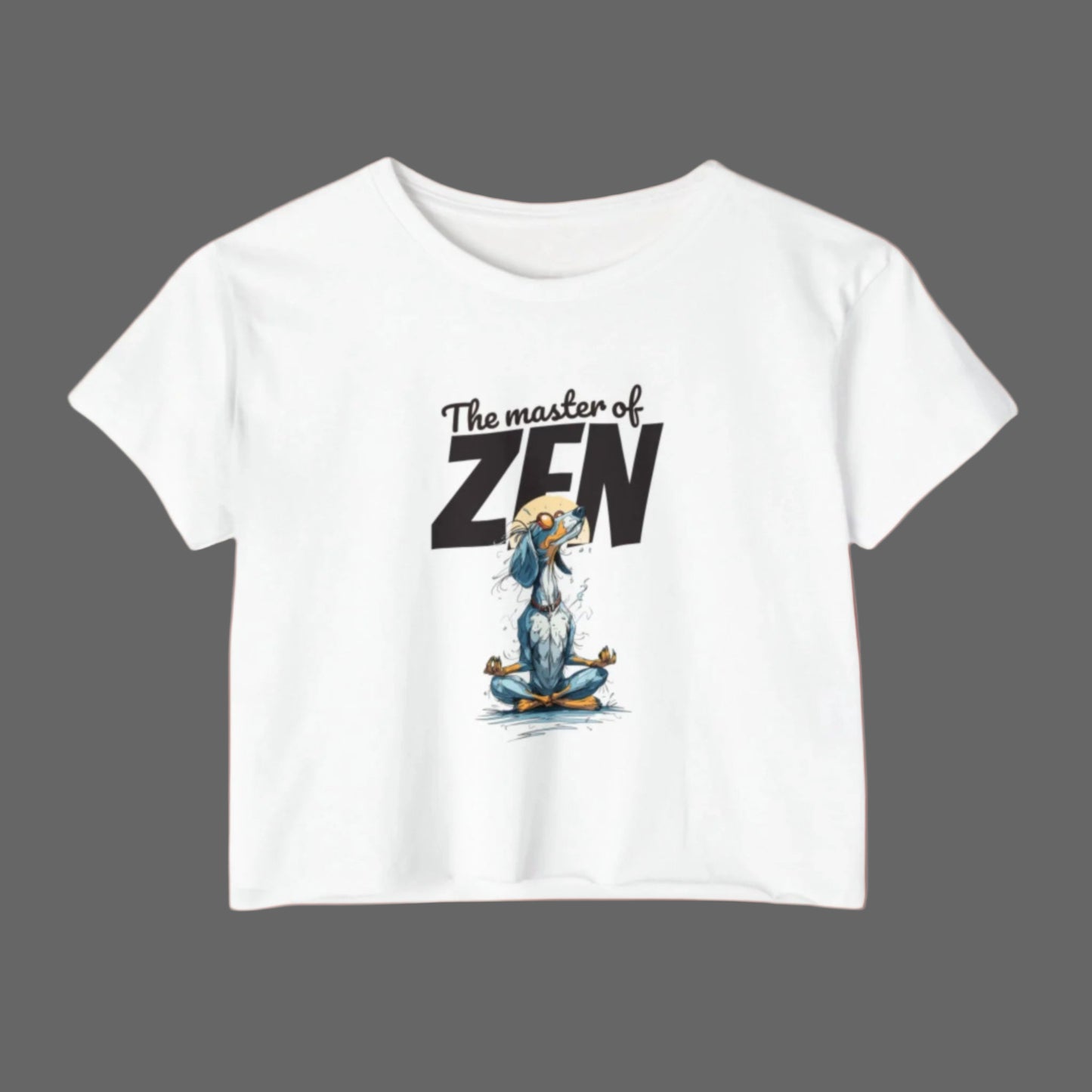 White t-shirt with a cartoon character meditating and 'The master of Zen' text on a white background