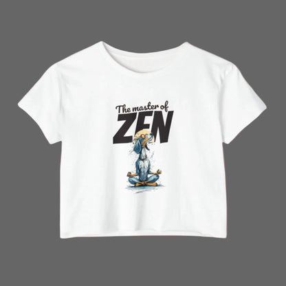 White t-shirt with a cartoon character meditating and 'The master of Zen' text on a white background