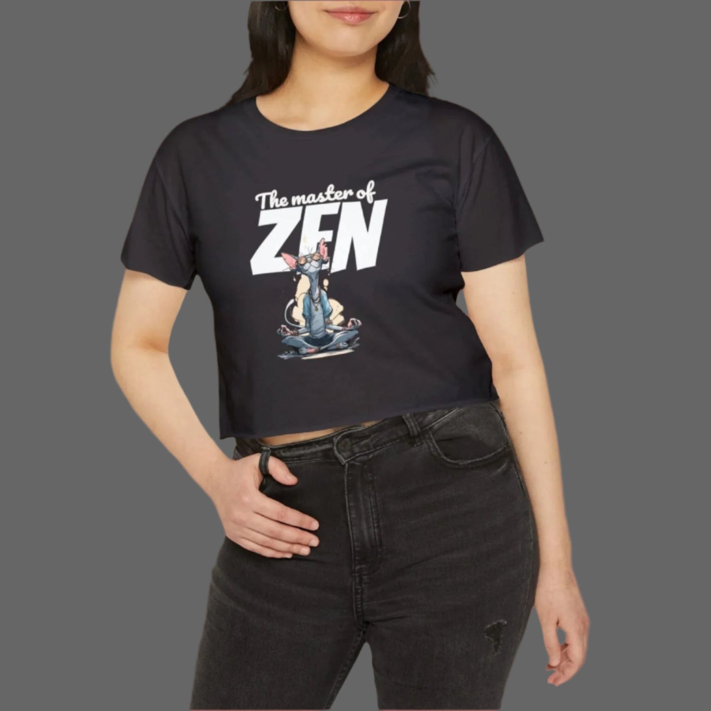 Woman wearing a black t-shirt with 'The master of ZEN' design on a white background