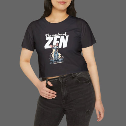 Woman wearing a black t-shirt with 'The master of ZEN' design on a white background
