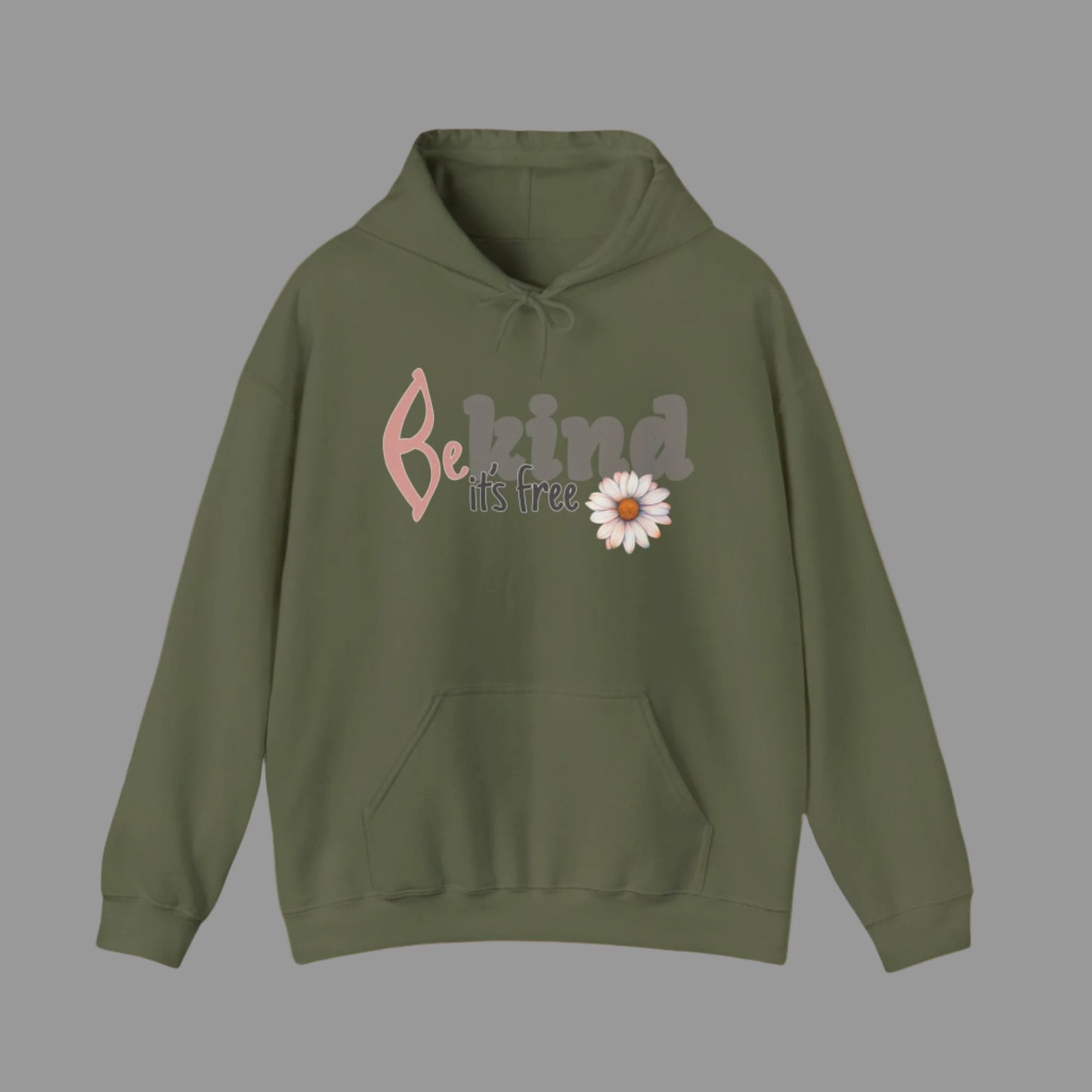a green hoodie with the text 'BE KIND IT'S FREE' and a floral design on the front.