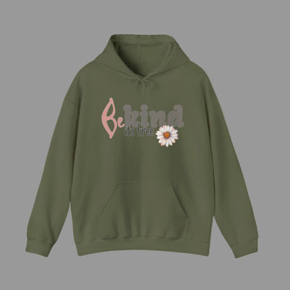a green hoodie with the text 'BE KIND IT'S FREE' and a floral design on the front.