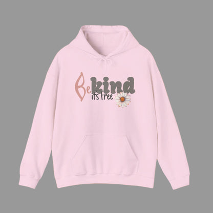 A pink hoodie with the text 'BE KIND IT'S FREE' and a floral design on the front.