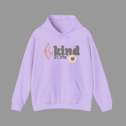A purple hoodie with the text 'BE KIND IT'S FREE' and a floral design on the front.