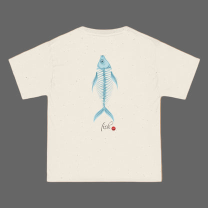Beige t-shirt with a blue fish skeleton design on a white background