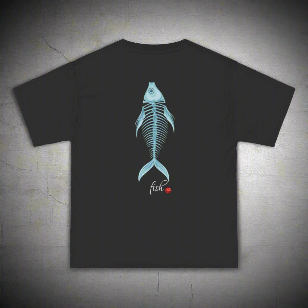 Black t-shirt with a blue fish skeleton design on a white background