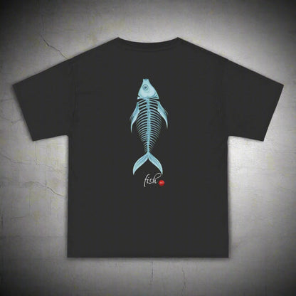 Black t-shirt with a blue fish skeleton design on a white background