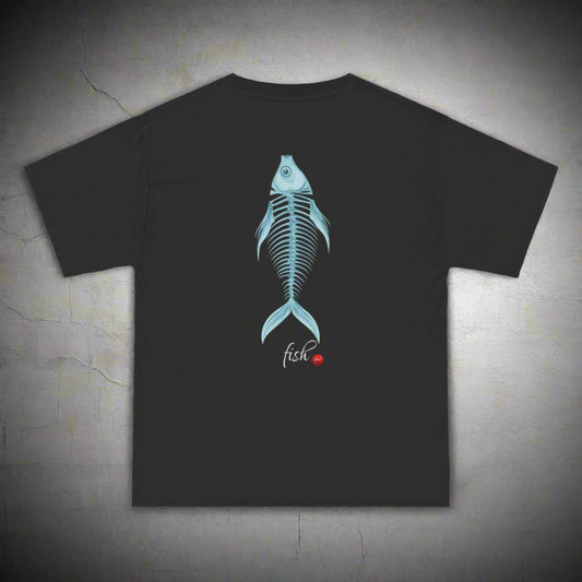 Black t-shirt with a blue fish skeleton design on a white background