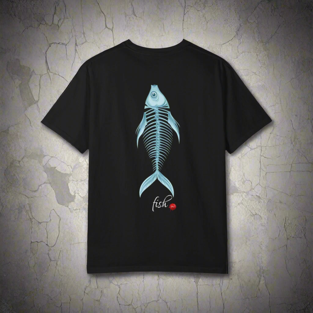 Black t-shirt with a blue fish skeleton design on the back against a white background