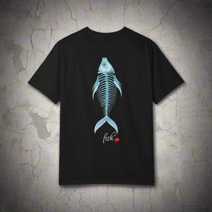Black t-shirt with a blue fish skeleton design on the back against a white background