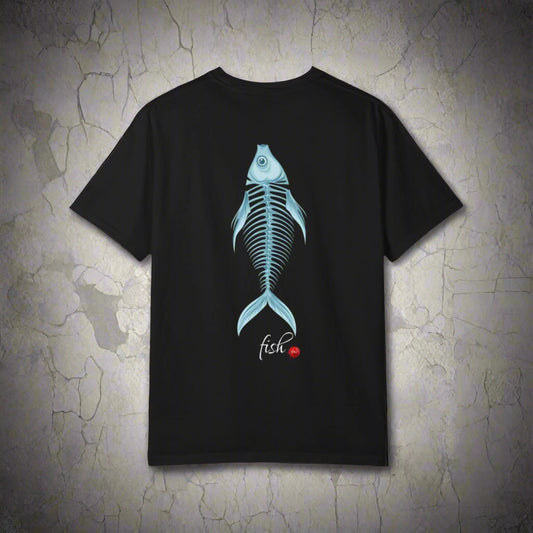 Black t-shirt with a blue fish skeleton design on the back against a white background