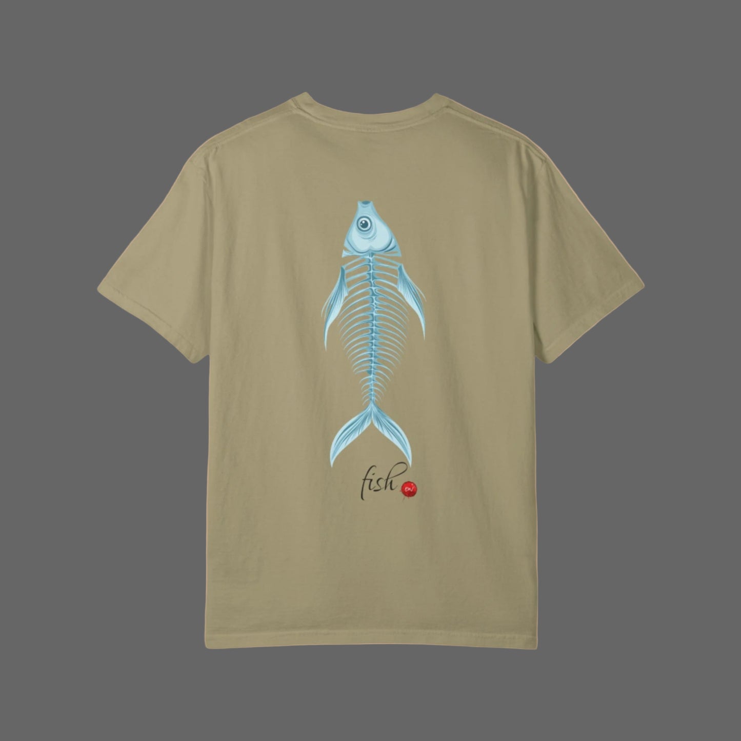 Khaki t-shirt with a blue fish skeleton design on the back against a white background