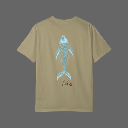 Khaki t-shirt with a blue fish skeleton design on the back against a white background