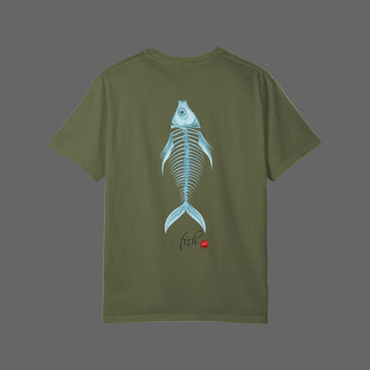 Green t-shirt with a fish skeleton design on the back against a white background