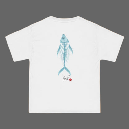 White t-shirt with a blue fish skeleton design on a white background