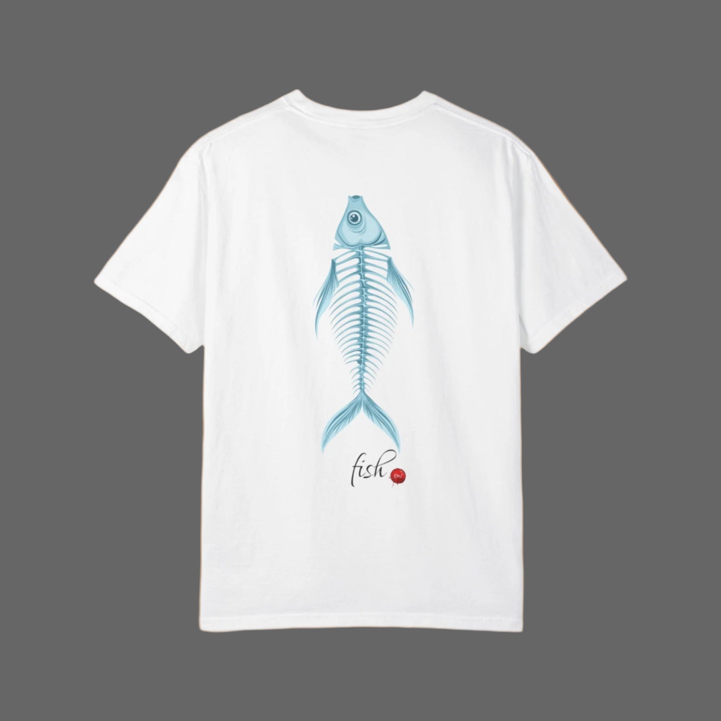 White t-shirt with blue fish skeleton design on a white background