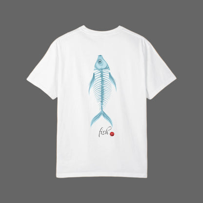 White t-shirt with blue fish skeleton design on a white background
