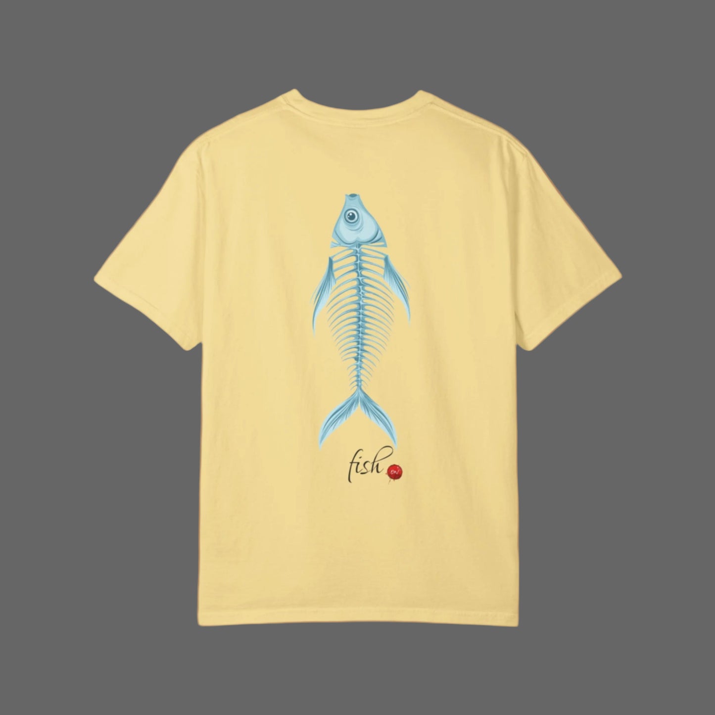 Yellow t-shirt with a blue fish skeleton design on the back against a white background