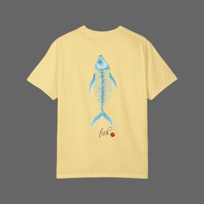 Yellow t-shirt with a blue fish skeleton design on the back against a white background