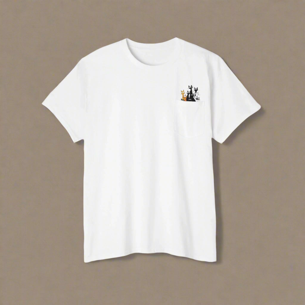 A person wearing a white crew neck t-shirt with a graphic in the left chest area, paired with blue jeans.