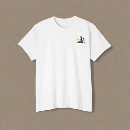 A person wearing a white crew neck t-shirt with a graphic in the left chest area, paired with blue jeans.