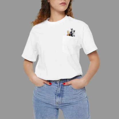 A person wearing a white crew neck t-shirt with a graphic in the left chest area, paired with blue jeans.