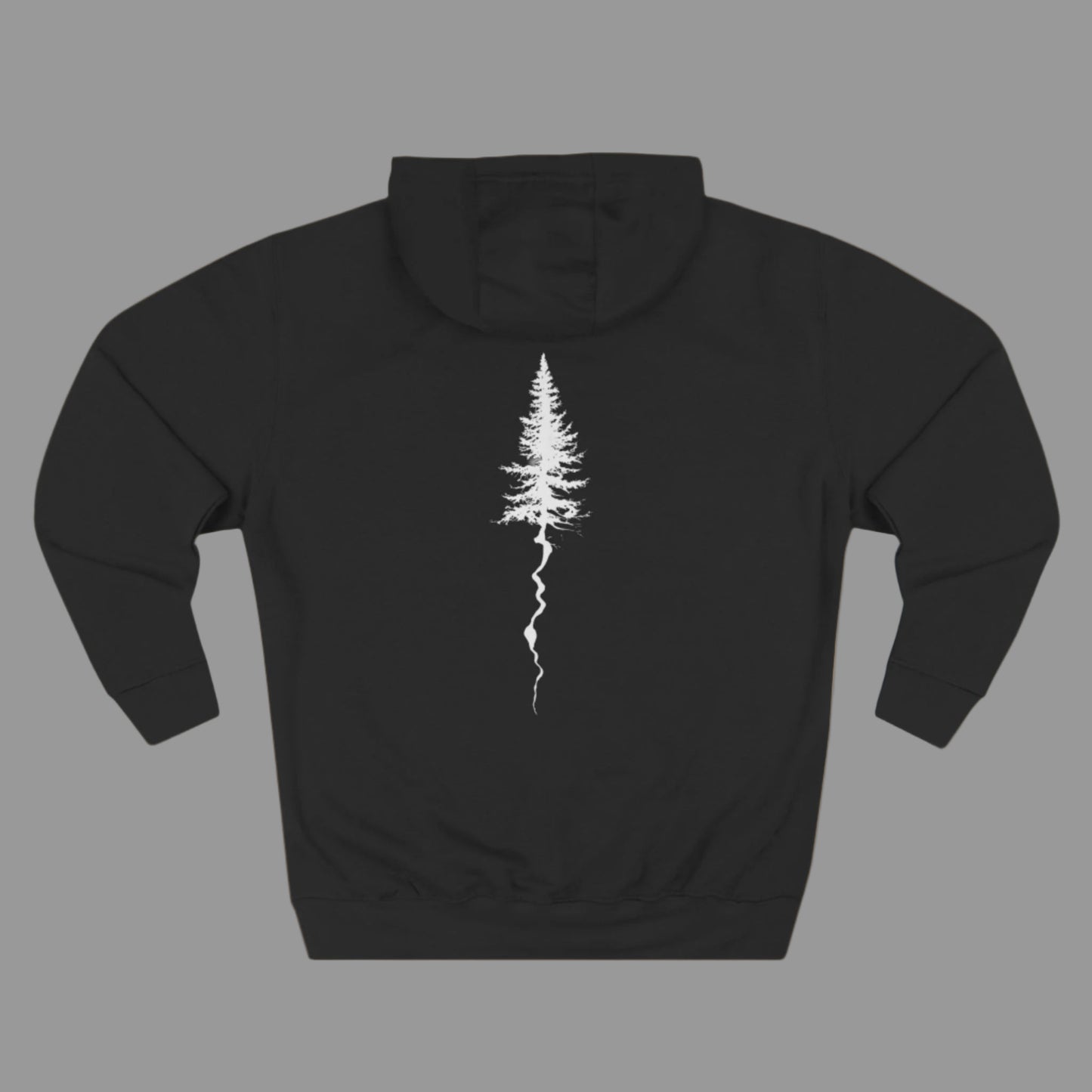 black hoodie with a black tree graphic on the front.