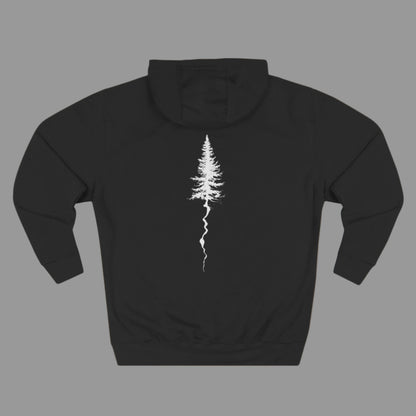 black hoodie with a black tree graphic on the front.